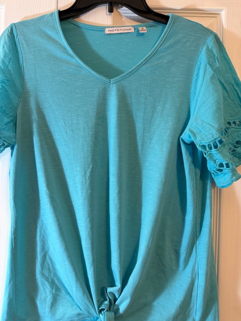 Notations Turquoise V-Neck Tie-Front Top with Crochet Trim Sleeves - Picture 2 of 8